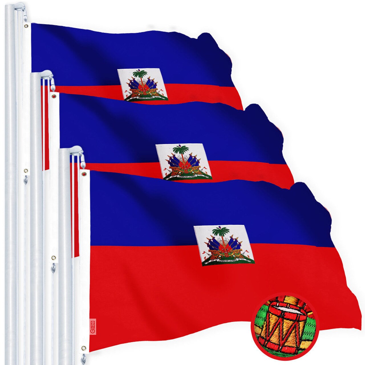 3-Pack Haiti Flag 3x5 Ft – Embroidered Haitian Flags, Heavy Duty 220GSM Spun Polyester, Sewn Design, Brass Grommets, Indoor/Outdoor Use